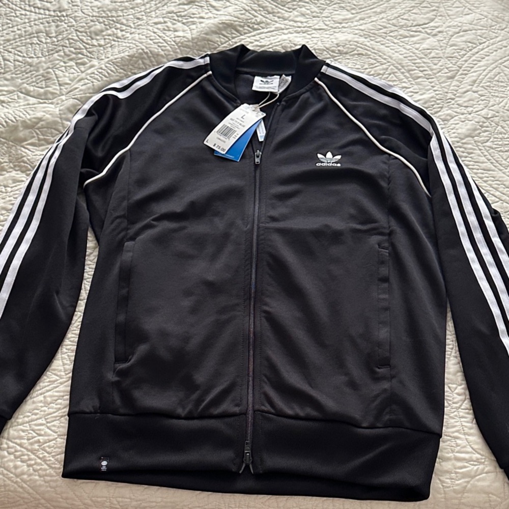 Adidas Men's Black Bomber Jacket with White Stripes